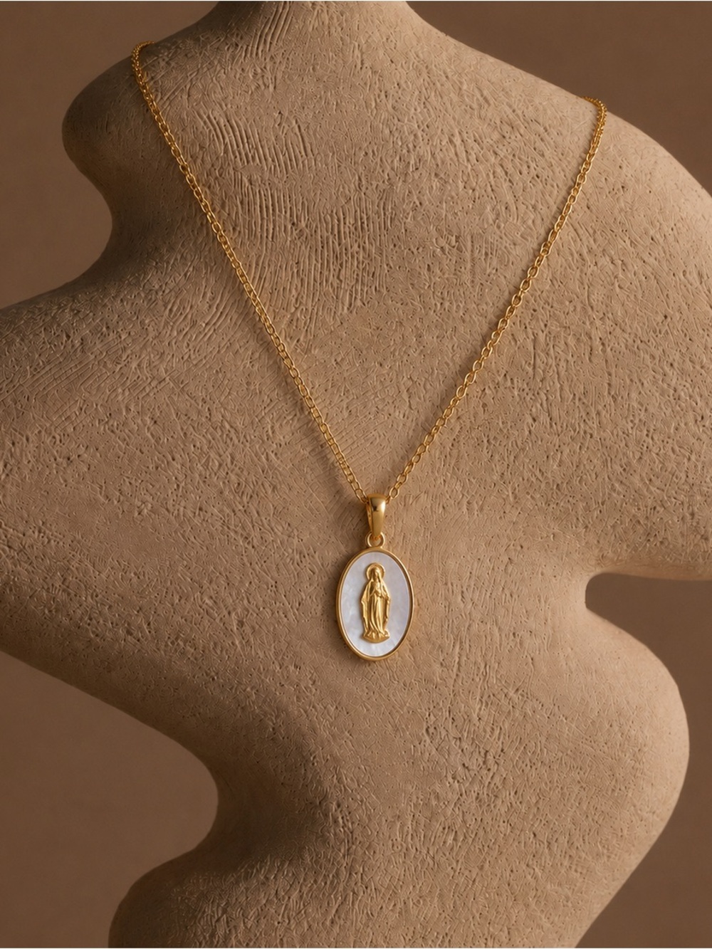 Gold and White Virgin Mary Pendant Necklace - Women Jewelry